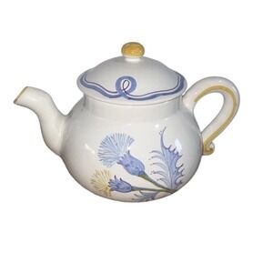 Laura Ashley Teapot Handpainted Italy Blue Thistle Floral Ceramic Vintage Style